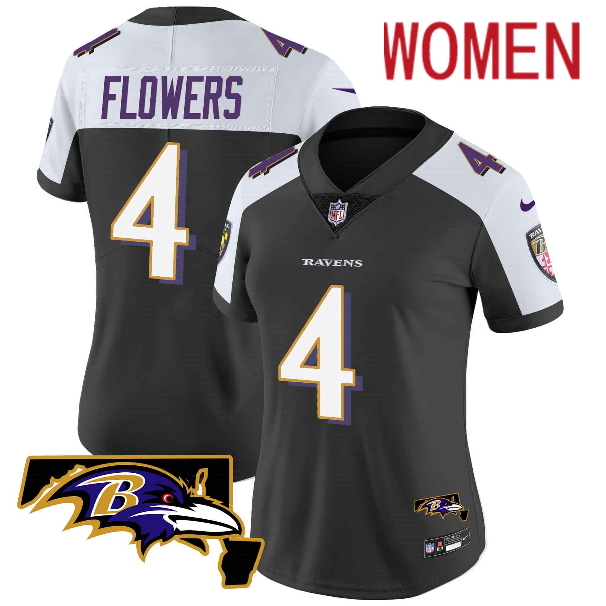 Women Baltimore Ravens #4 Flowers Black 2024 Nike Maryland Patch Vapor Limited NFL Jersey